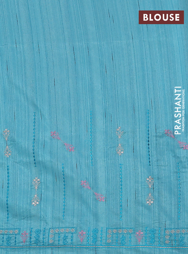 Semi raw silk saree teal blue with allover embroidery work and embroidery border