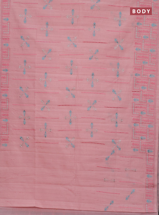 Semi raw silk saree mild peach with allover embroidery work and embroidery border