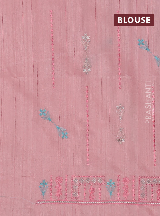 Semi raw silk saree mild peach with allover embroidery work and embroidery border