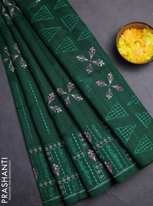 Semi raw silk saree dark green with allover embroidery work and embroidery border