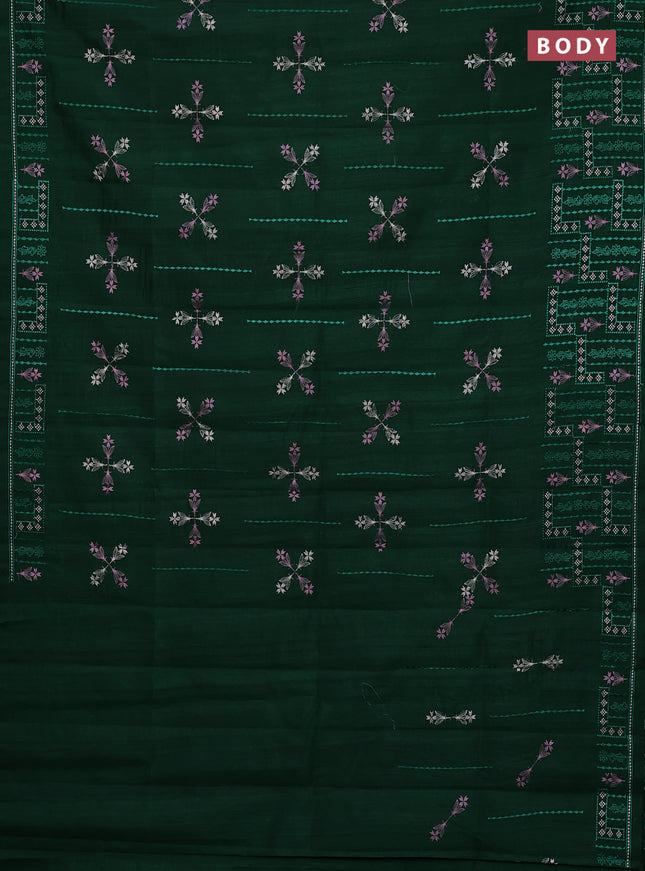 Semi raw silk saree dark green with allover embroidery work and embroidery border