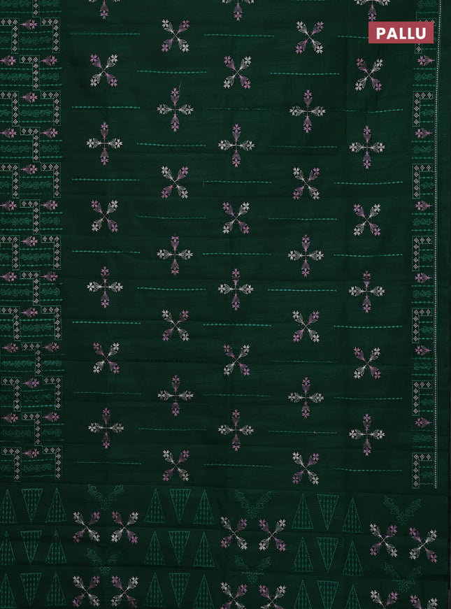 Semi raw silk saree dark green with allover embroidery work and embroidery border