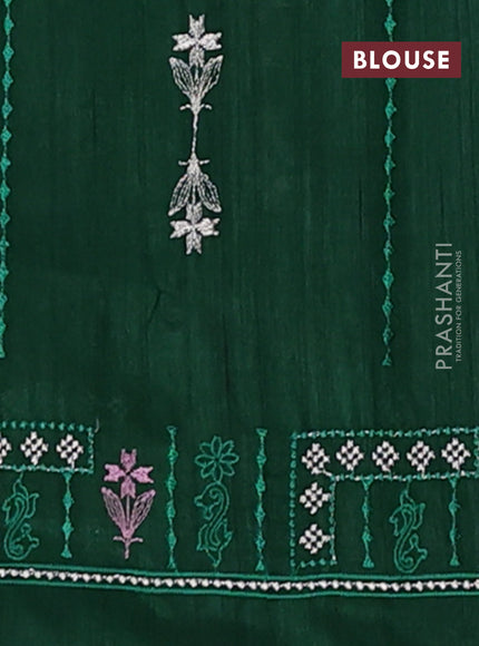 Semi raw silk saree dark green with allover embroidery work and embroidery border