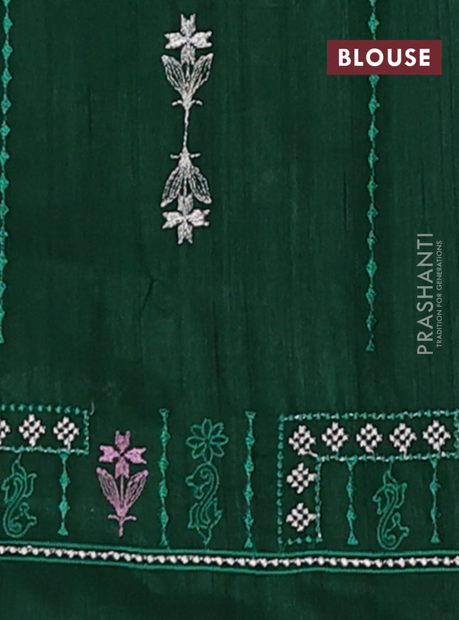Semi raw silk saree dark green with allover embroidery work and embroidery border