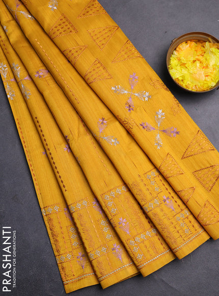 Semi raw silk saree mustard yellow with allover embroidery work and embroidery border