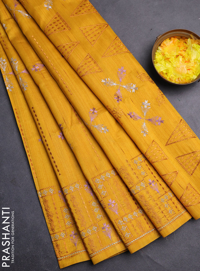 Semi raw silk saree mustard yellow with allover embroidery work and embroidery border