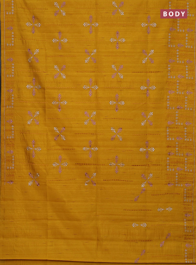 Semi raw silk saree mustard yellow with allover embroidery work and embroidery border