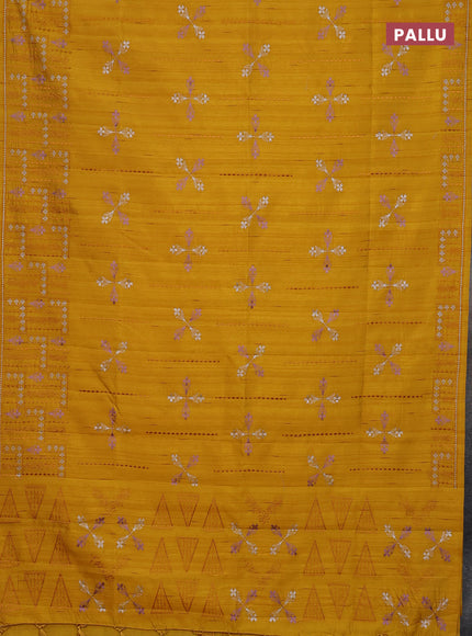 Semi raw silk saree mustard yellow with allover embroidery work and embroidery border