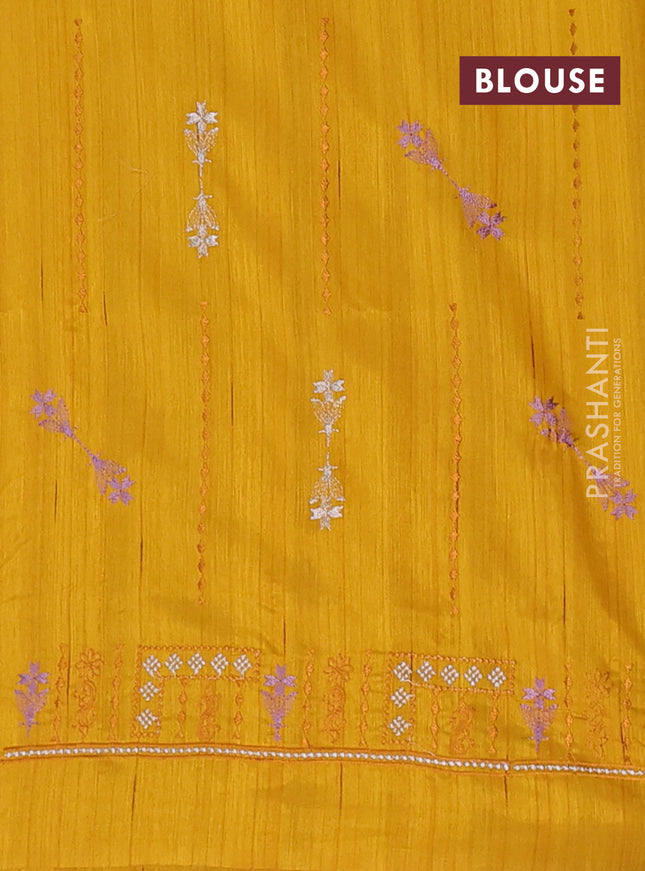 Semi raw silk saree mustard yellow with allover embroidery work and embroidery border