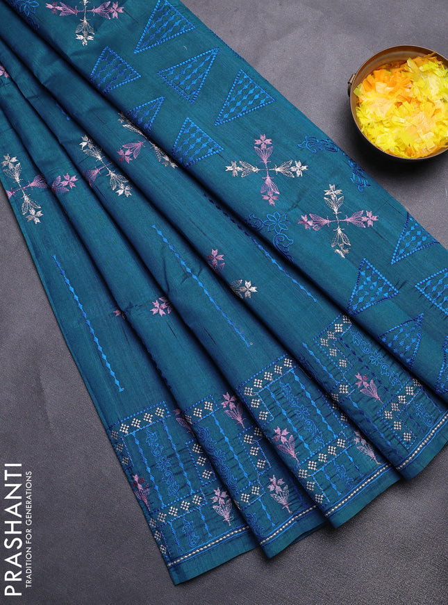 Semi raw silk saree peacock blue with allover embroidery work and embroidery border