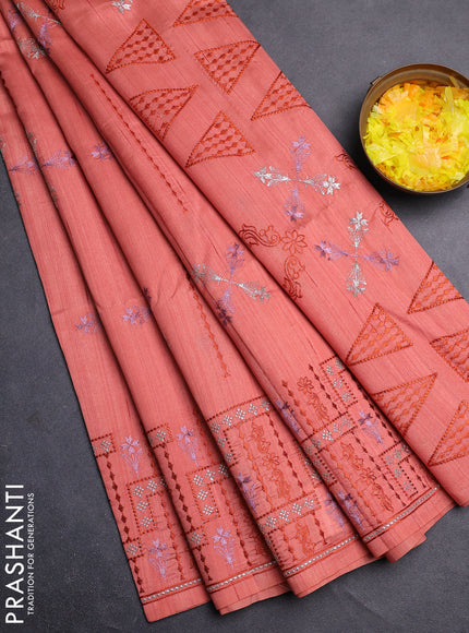 Semi raw silk saree dark peach orange with allover embroidery work and embroidery border