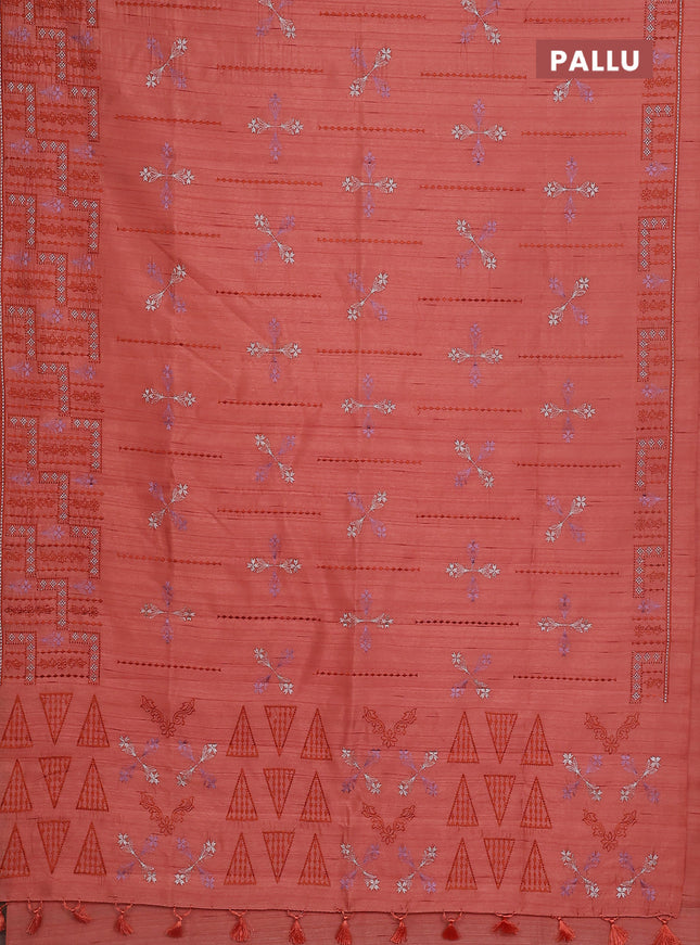 Semi raw silk saree dark peach orange with allover embroidery work and embroidery border