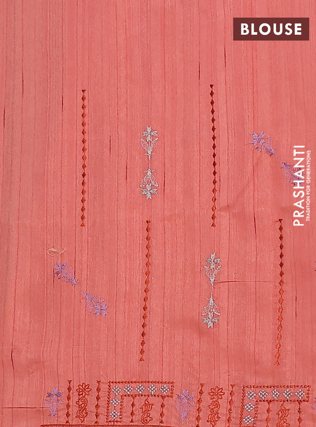 Semi raw silk saree dark peach orange with allover embroidery work and embroidery border