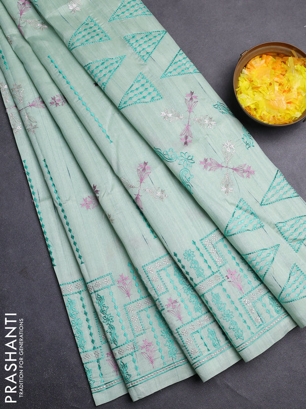 Semi raw silk saree pastel green shade with allover embroidery work and embroidery border