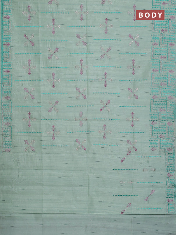 Semi raw silk saree pastel green shade with allover embroidery work and embroidery border