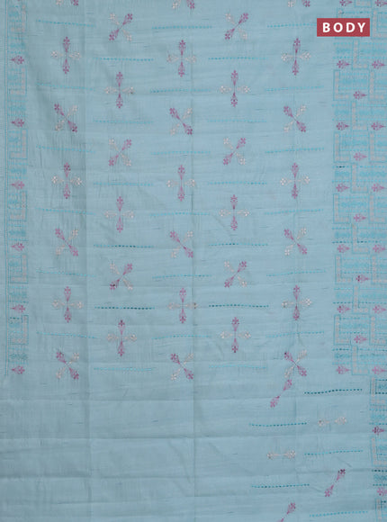 Semi raw silk saree pastel blue with allover embroidery work and embroidery border