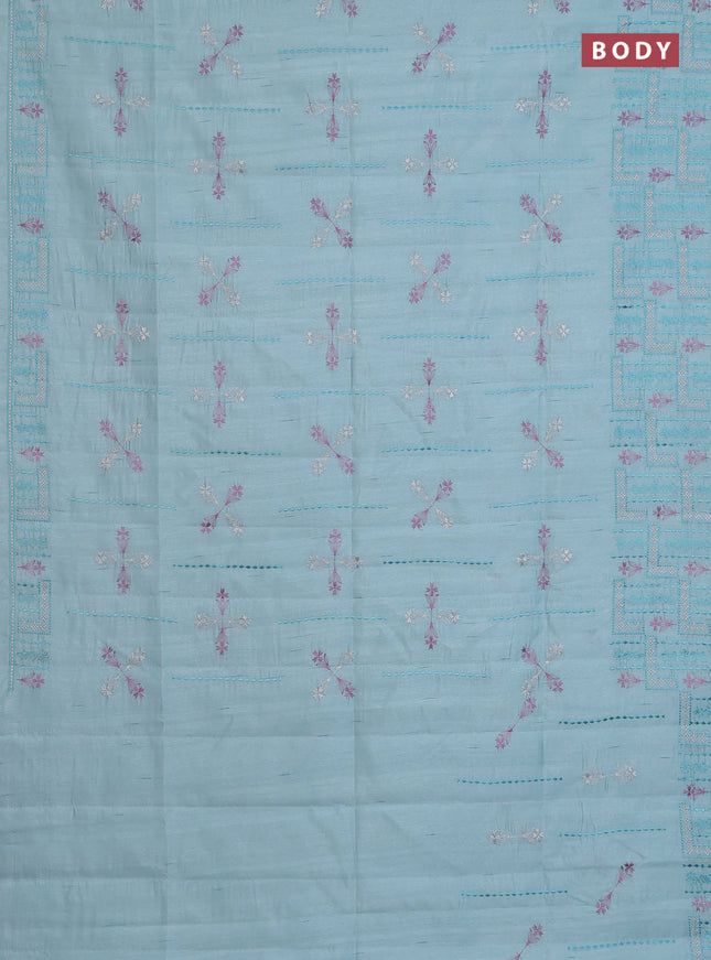 Semi raw silk saree pastel blue with allover embroidery work and embroidery border