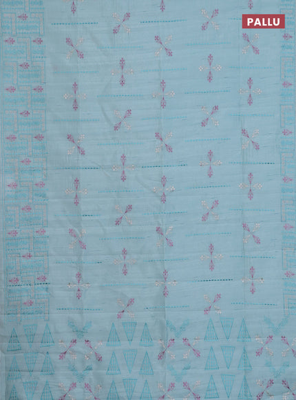 Semi raw silk saree pastel blue with allover embroidery work and embroidery border
