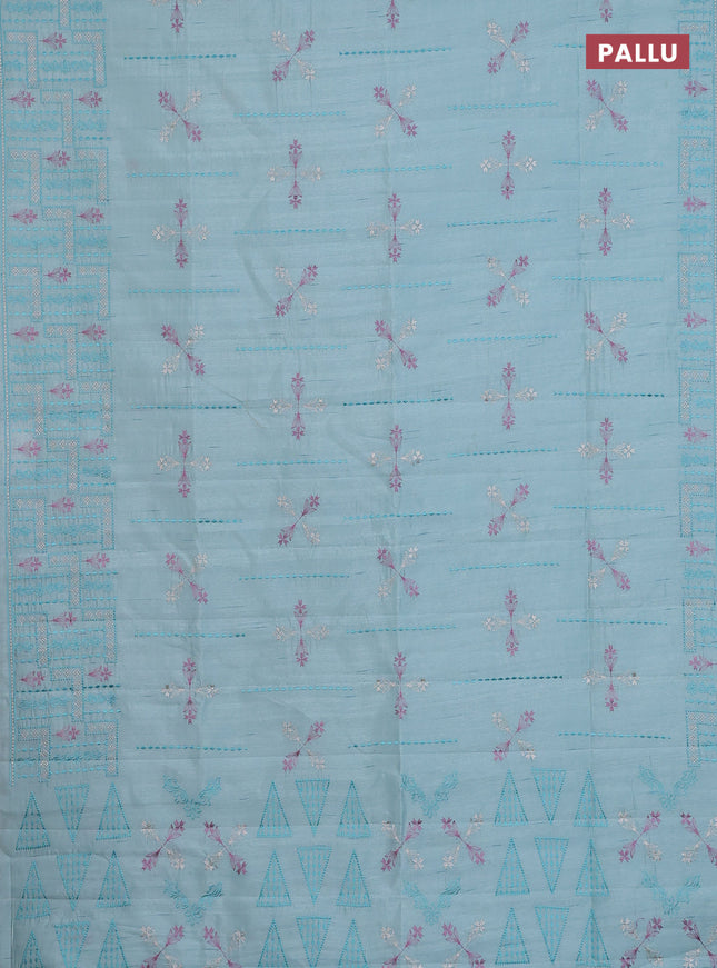 Semi raw silk saree pastel blue with allover embroidery work and embroidery border