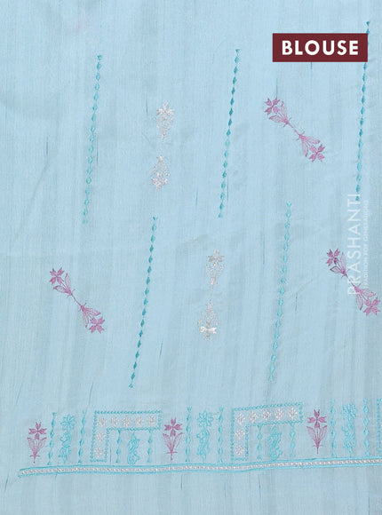 Semi raw silk saree pastel blue with allover embroidery work and embroidery border
