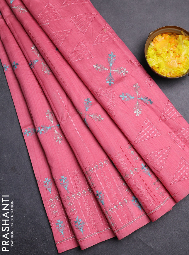 Semi raw silk saree peach pink with allover embroidery work and embroidery border