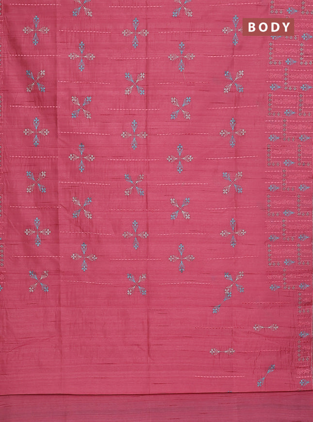 Semi raw silk saree peach pink with allover embroidery work and embroidery border