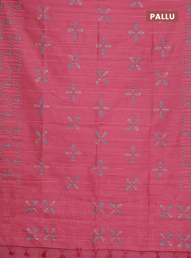 Semi raw silk saree peach pink with allover embroidery work and embroidery border