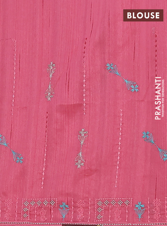 Semi raw silk saree peach pink with allover embroidery work and embroidery border