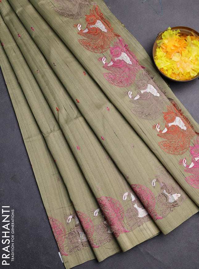 Semi raw silk saree olive green with allover embroidery work and peacock embroidery border