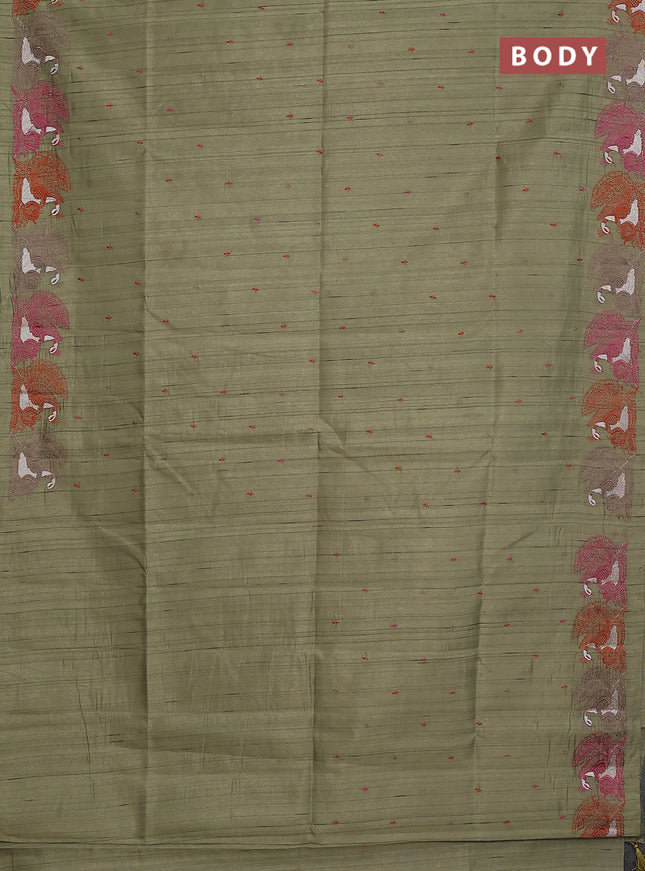 Semi raw silk saree olive green with allover embroidery work and peacock embroidery border