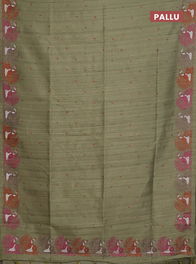 Semi raw silk saree olive green with allover embroidery work and peacock embroidery border