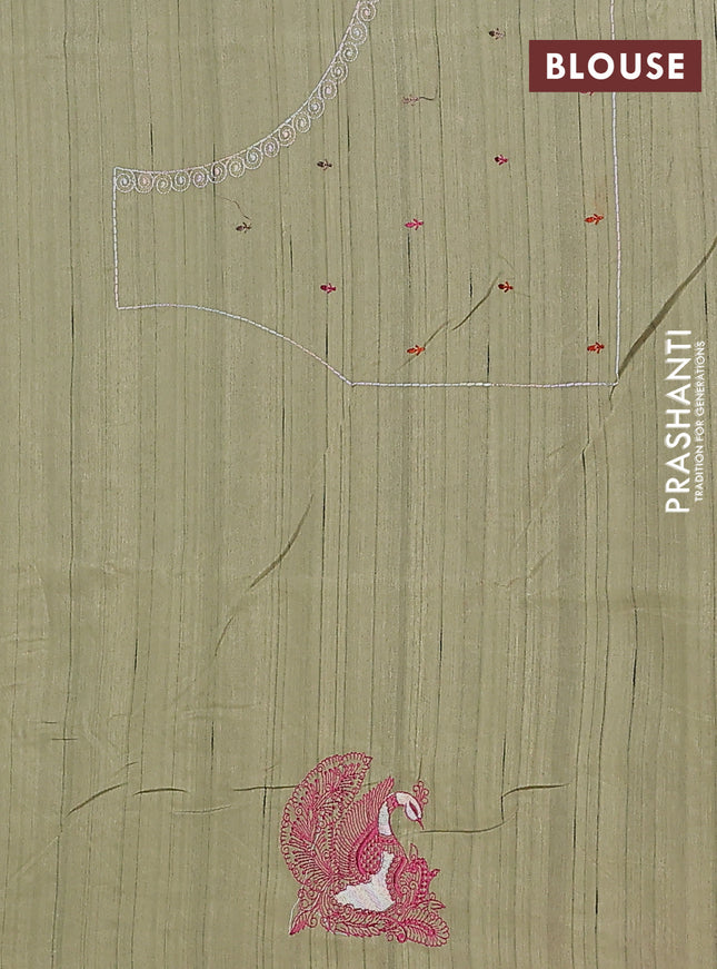 Semi raw silk saree olive green with allover embroidery work and peacock embroidery border