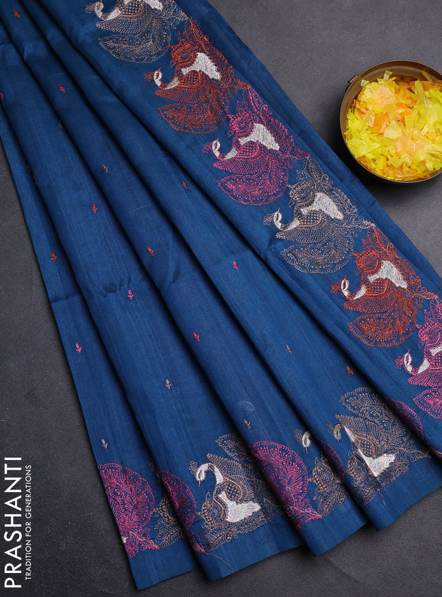 Semi raw silk saree peacock blue with allover embroidery work and peacock embroidery border