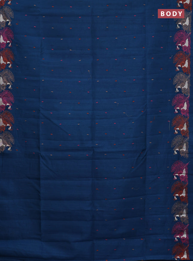 Semi raw silk saree peacock blue with allover embroidery work and peacock embroidery border