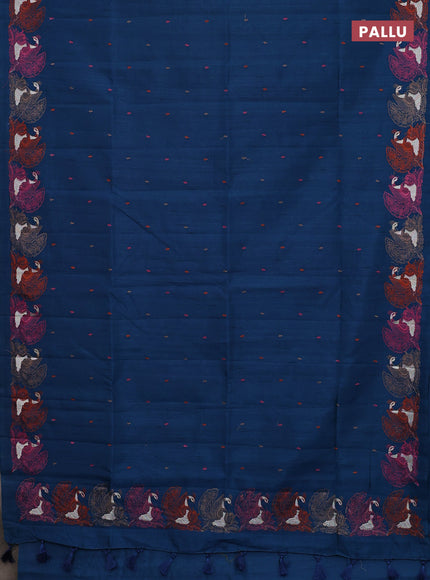 Semi raw silk saree peacock blue with allover embroidery work and peacock embroidery border