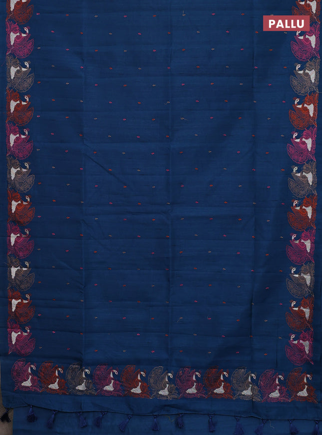 Semi raw silk saree peacock blue with allover embroidery work and peacock embroidery border