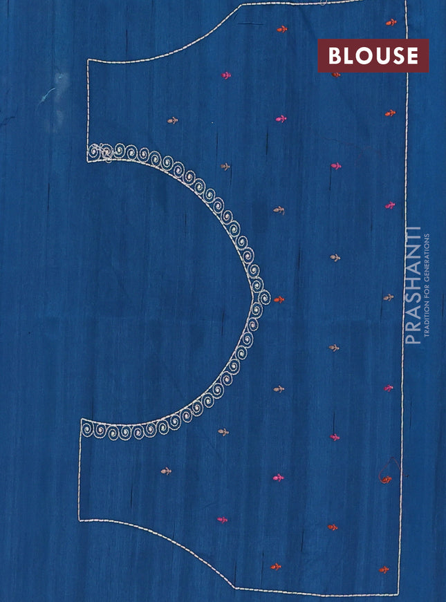 Semi raw silk saree peacock blue with allover embroidery work and peacock embroidery border