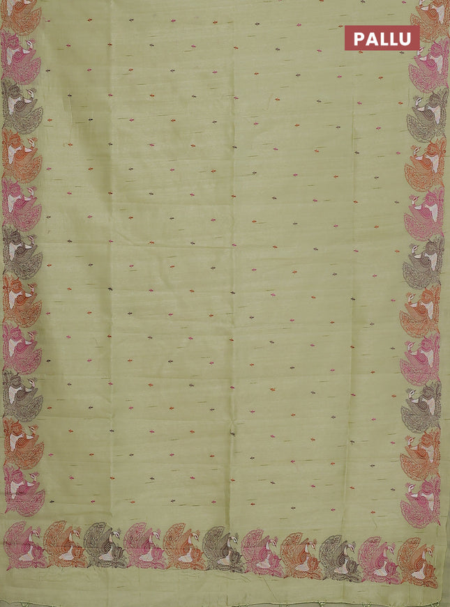 Semi raw silk saree mild pista green with allover embroidery work and peacock embroidery border