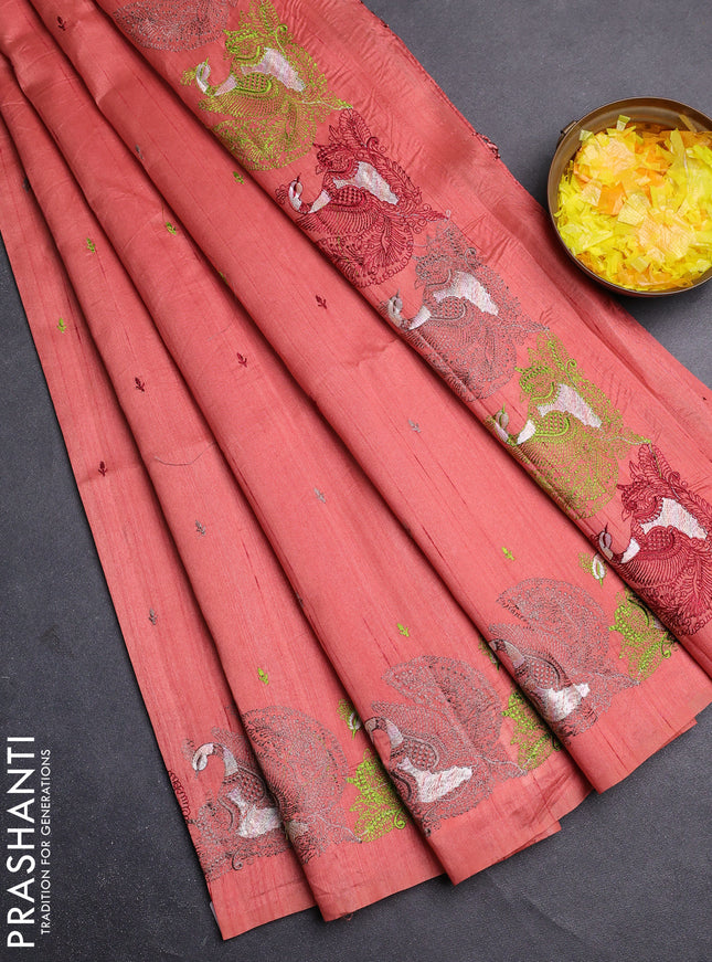 Semi raw silk saree dark peach orange with allover embroidery work and peacock embroidery border