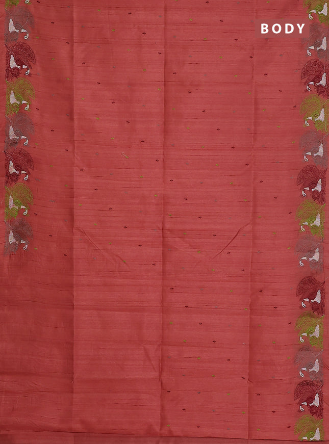 Semi raw silk saree dark peach orange with allover embroidery work and peacock embroidery border