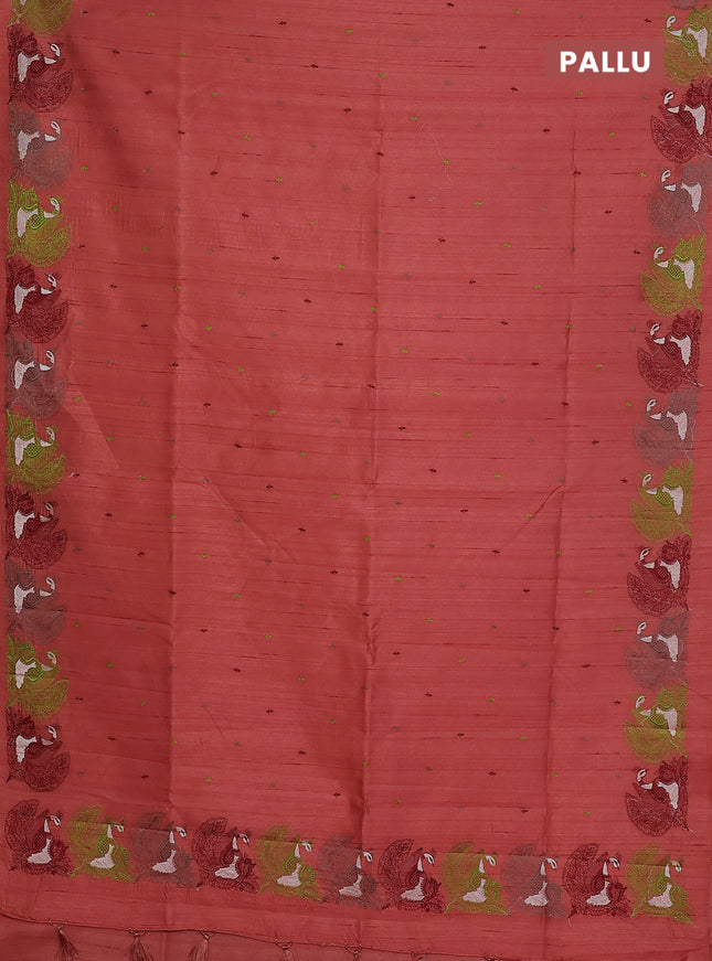 Semi raw silk saree dark peach orange with allover embroidery work and peacock embroidery border