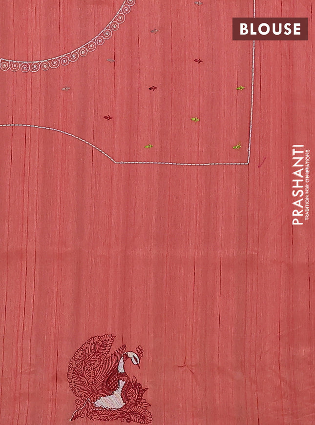 Semi raw silk saree dark peach orange with allover embroidery work and peacock embroidery border