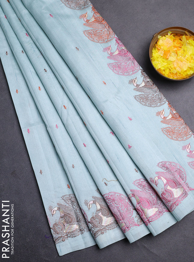 Semi raw silk saree pastel blue with allover embroidery work and peacock embroidery border