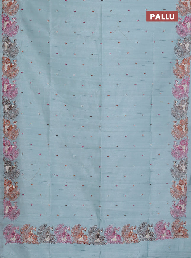 Semi raw silk saree pastel blue with allover embroidery work and peacock embroidery border