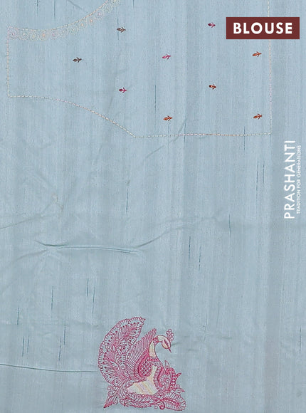 Semi raw silk saree pastel blue with allover embroidery work and peacock embroidery border