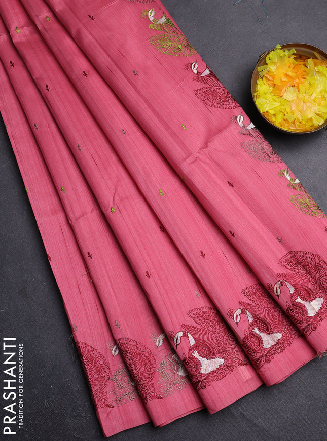 Semi raw silk saree peeach pink with allover embroidery work and peacock embroidery border
