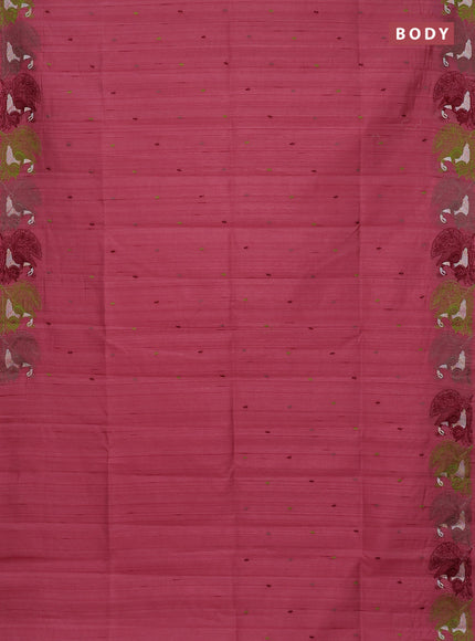 Semi raw silk saree peeach pink with allover embroidery work and peacock embroidery border