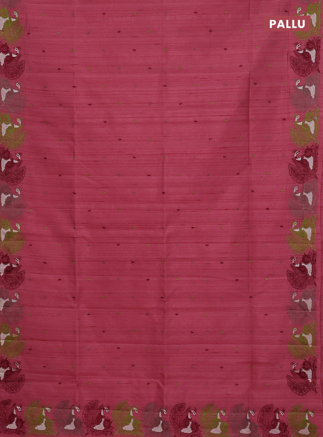 Semi raw silk saree peeach pink with allover embroidery work and peacock embroidery border