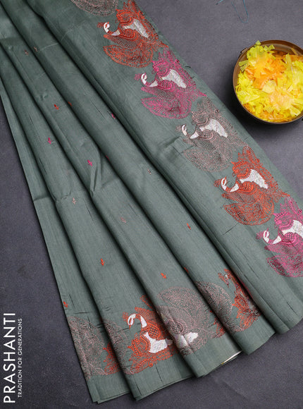Semi raw silk saree greyish green with allover embroidery work and peacock embroidery border