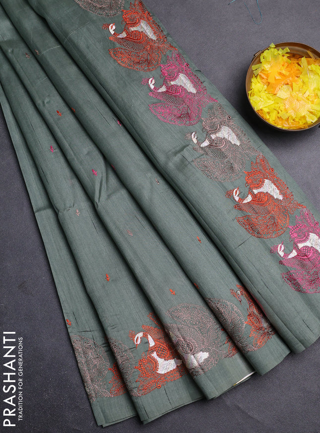 Semi raw silk saree greyish green with allover embroidery work and peacock embroidery border